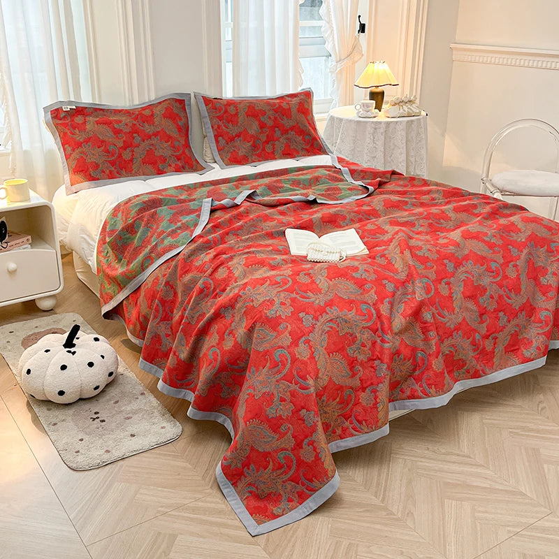 Couvre-Lit Rouge Jacquard – Élégance Double Épaisseur en Coton