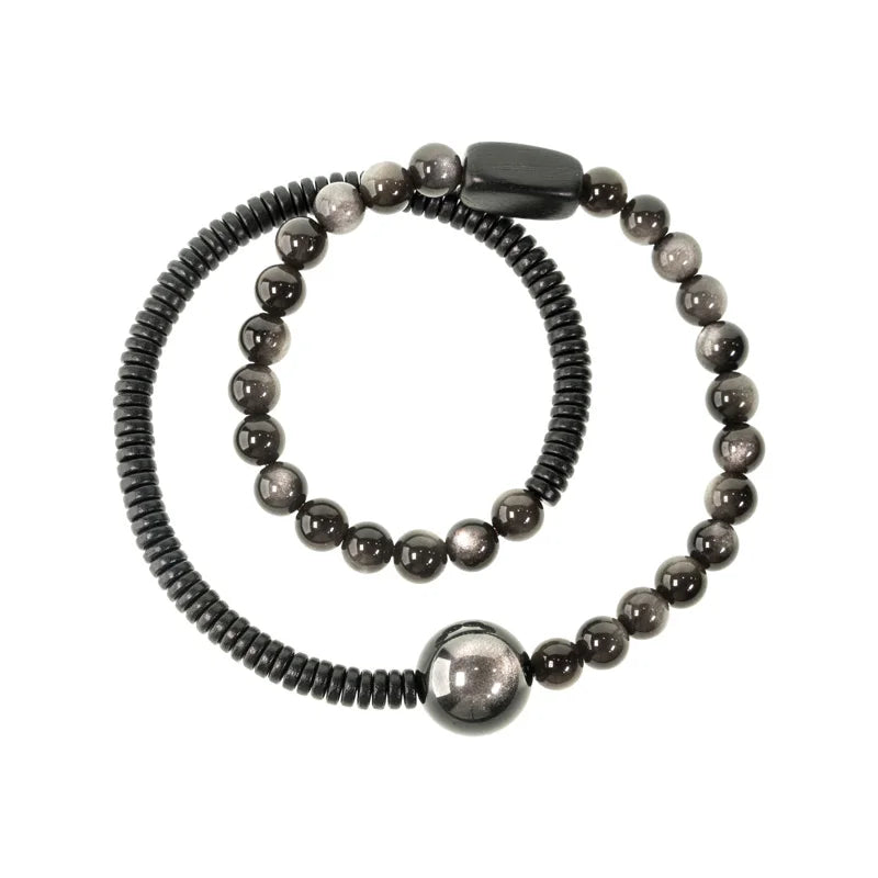 Bracelet Deux Rangs Pierres d'Obsidienne et Perles d'Ébène – Simple, Duo de Couple