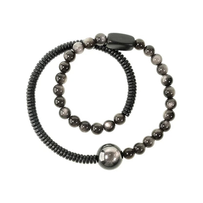 Bracelet Deux Rangs Pierres d'Obsidienne et Perles d'Ébène – Simple, Duo de Couple