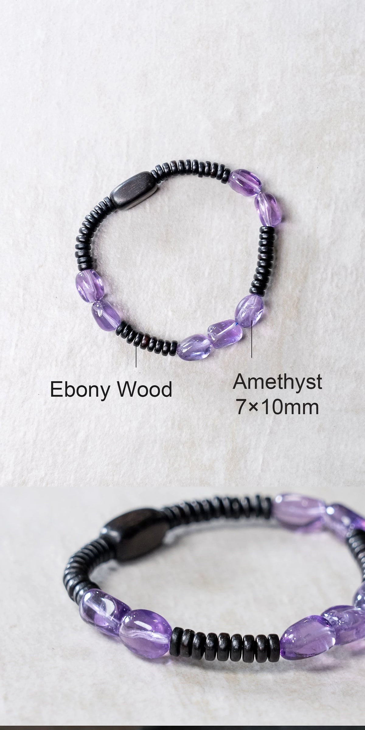 Bracelet Éclats d'Améthyste et Bois de Santal Noir – Minimaliste Fait Main