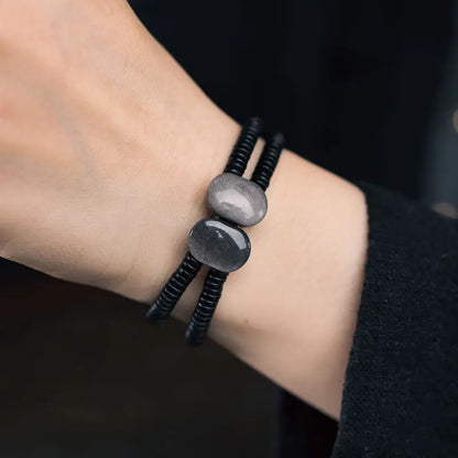 Bracelet Double Rang Obsidienne Noire et Bois d'Ébène – Tout Noir, Homme et Femme