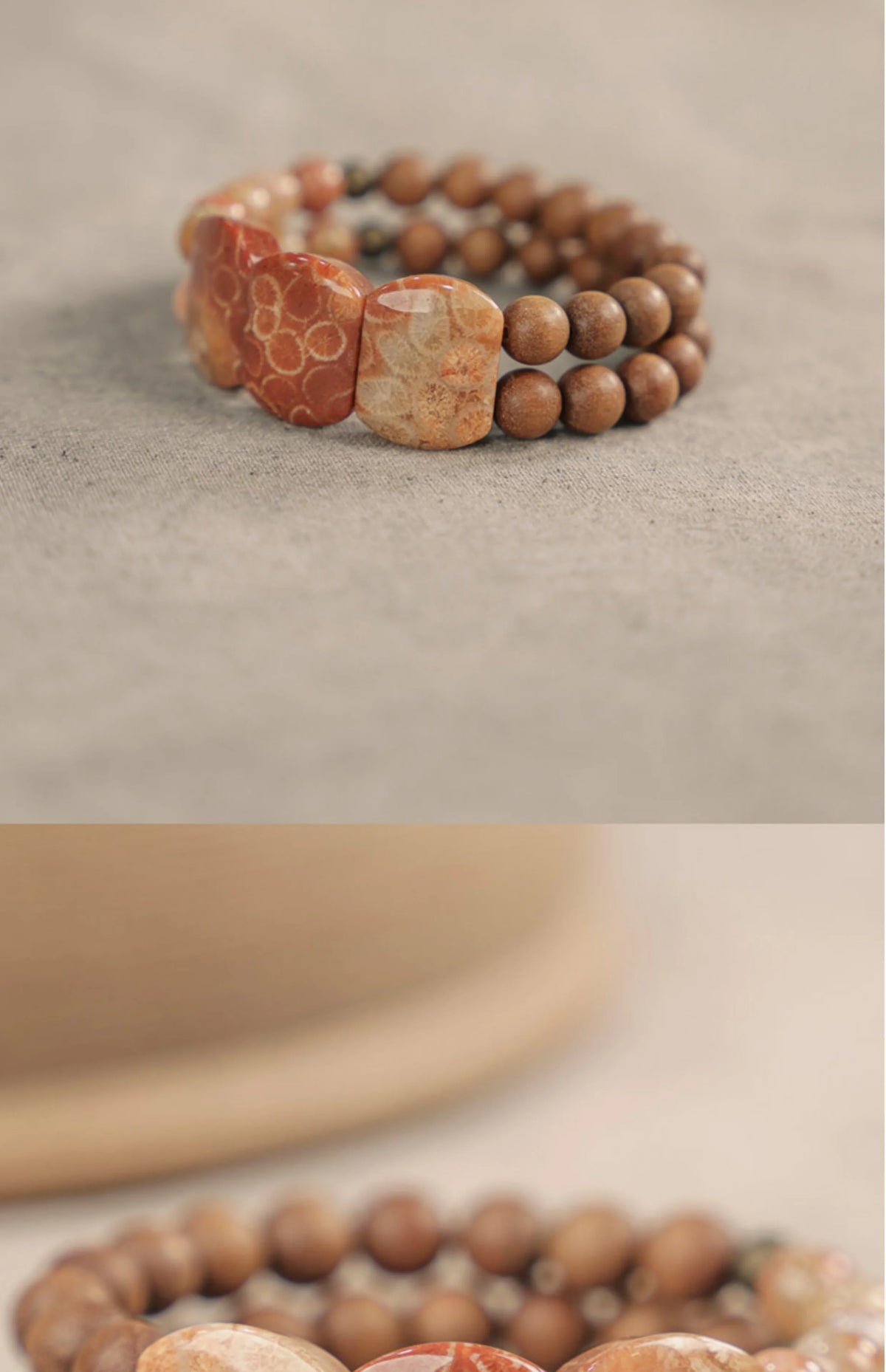 Bracelet Bois de Santal et Pierre Corail avec Perles de Laiton – Bijou Oriental