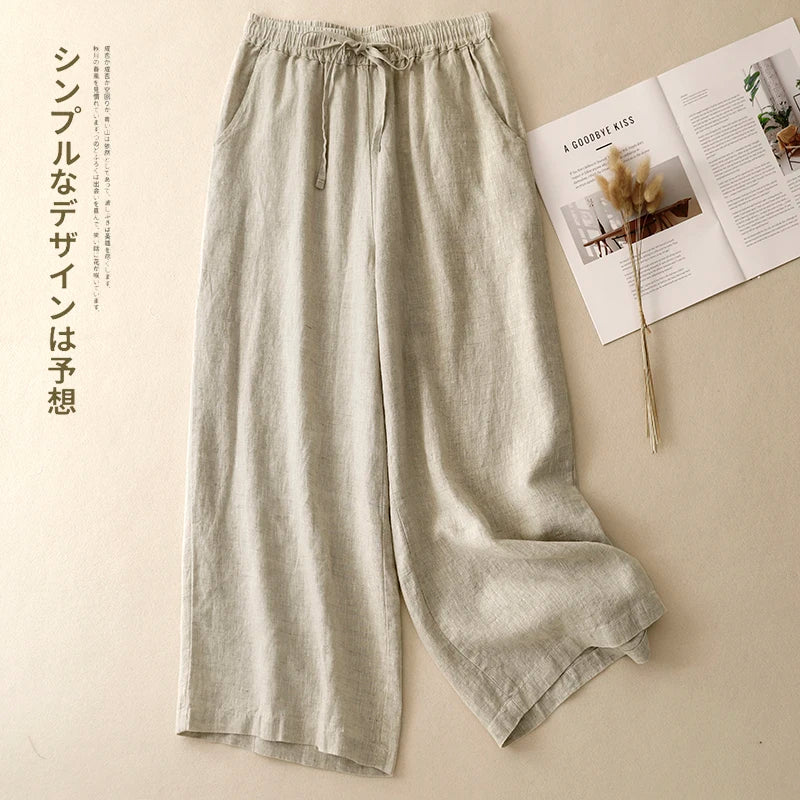 "Hikari" Pantalon large femme en coton et lin | Taille haute fluide, simple et élégant
