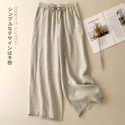 "Hikari" Pantalon large femme en coton et lin | Taille haute fluide, simple et élégant