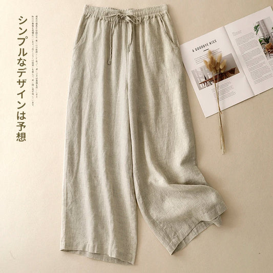 "Hikari" Pantalon large femme en coton et lin | Taille haute fluide, simple et élégant