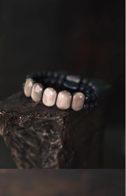 Bracelet Deux Rangs Obsidienne Plate, Pierre de Lave et Ébène – Style Punk Unisexe