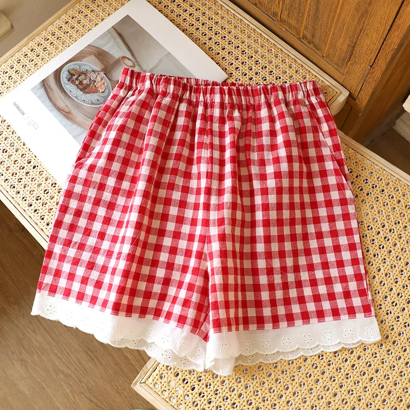 Short de Pyjama en Gaze de Coton et Dentelle