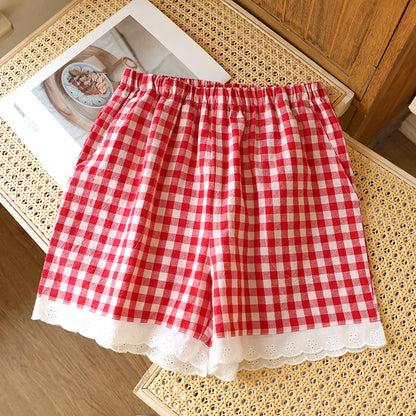 Short de Pyjama en Gaze de Coton et Dentelle