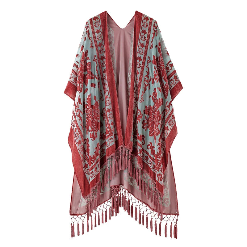 Kimono Long en Tulle Brodé - Élégance Bohème et Légèreté