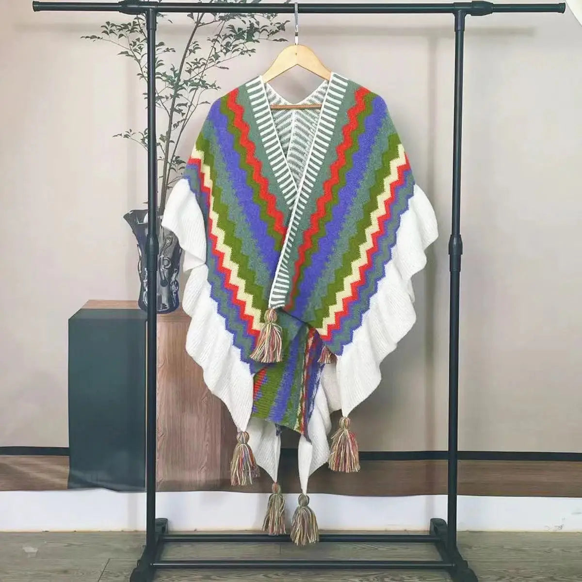 Poncho Bohème à Rayures Multicolores et Franges