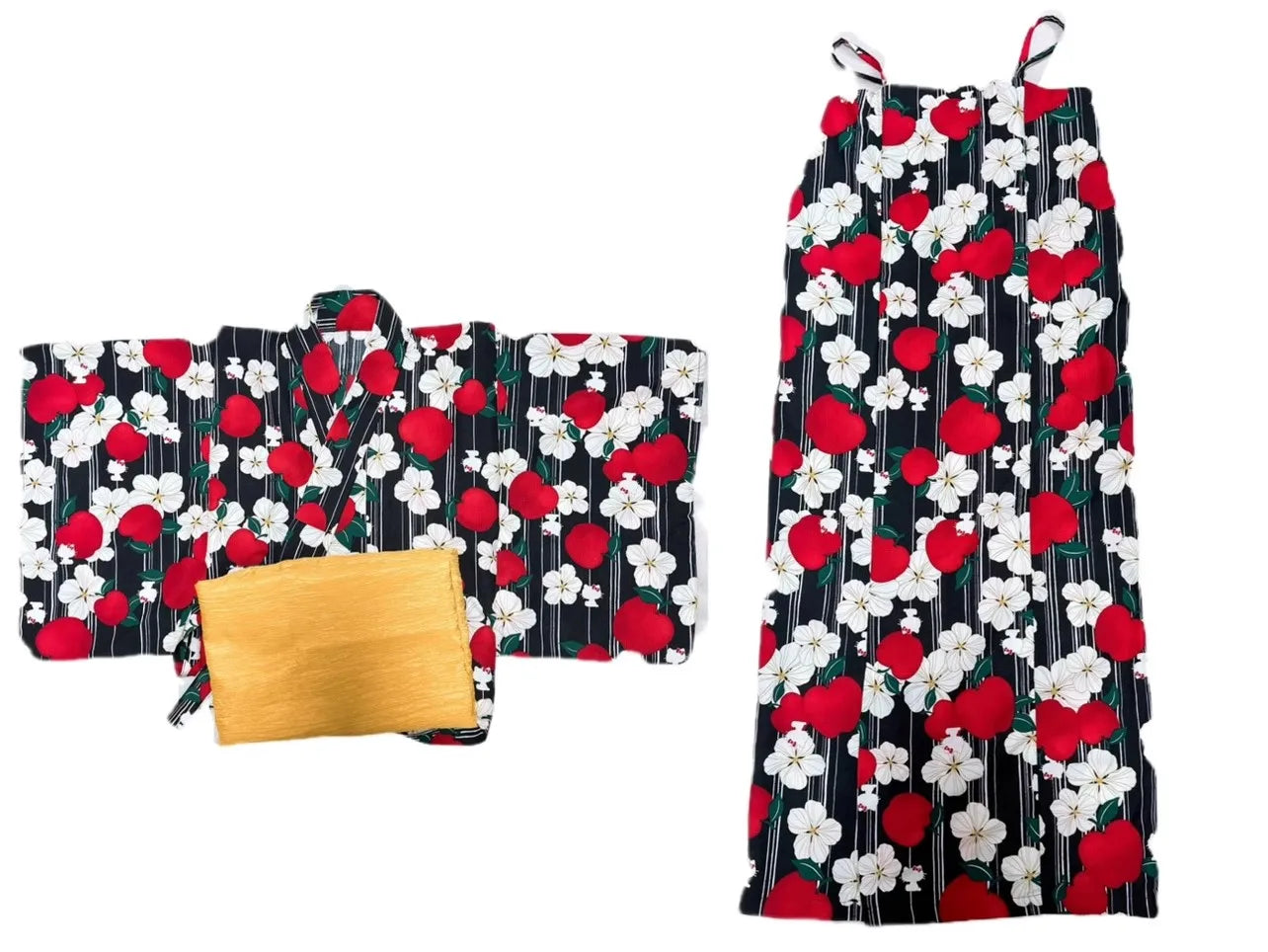 Yukata Deux Pièces Floral Rouge et Noir | Kimono Japonais d'Été avec Robe Coordonnée