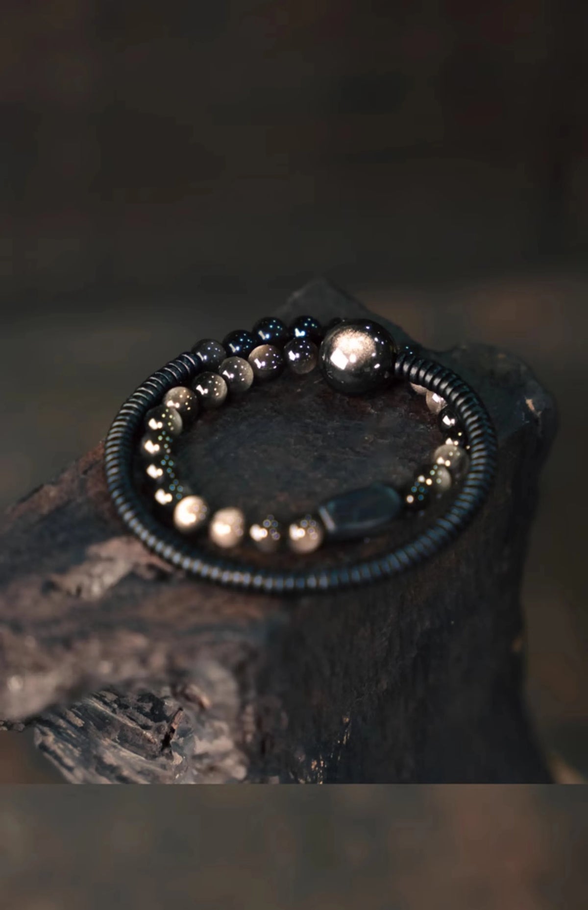 Bracelet Deux Rangs Pierres d'Obsidienne et Perles d'Ébène – Simple, Duo de Couple