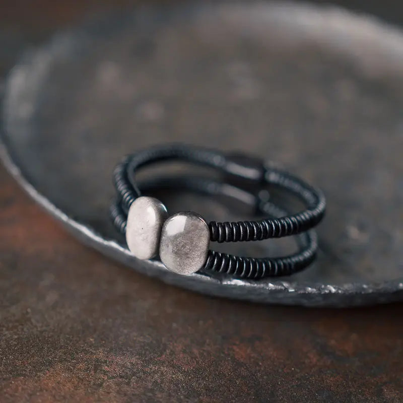 Bracelet Double Rang Obsidienne Noire et Bois d'Ébène – Tout Noir, Homme et Femme