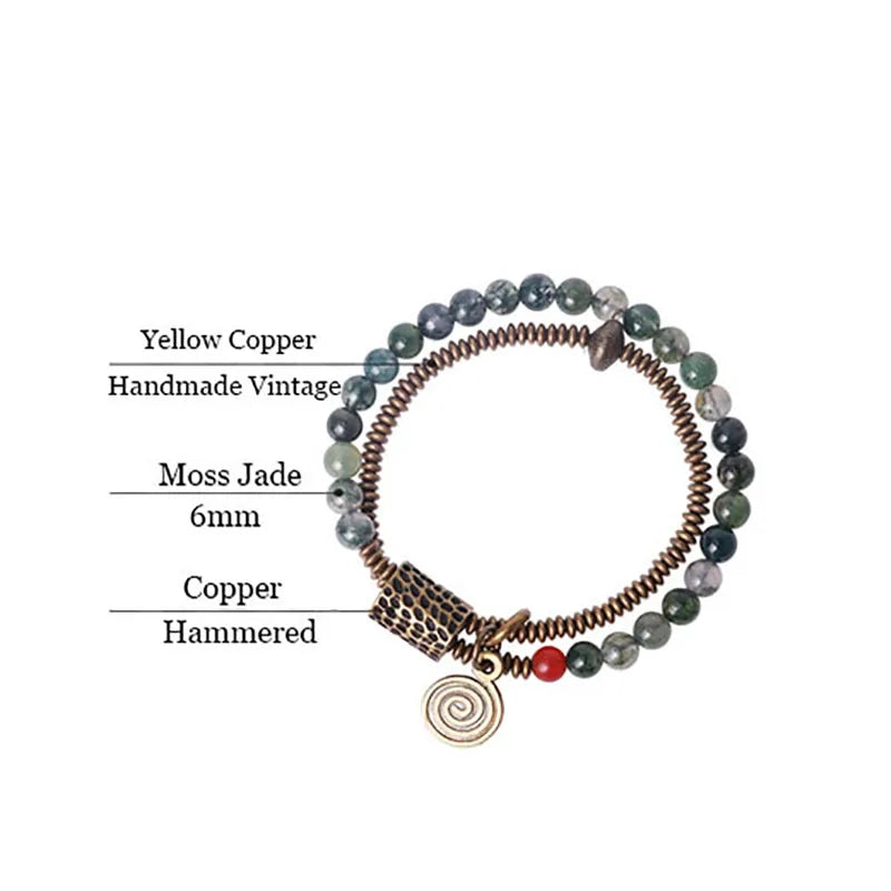 Bracelet Bohème Jade Mousse Double Rang et Breloque en Cuivre Martelé – Jusqu'au 22 cm