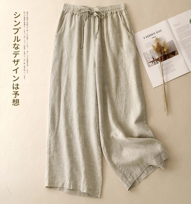 "Hikari" Pantalon large femme en coton et lin | Taille haute fluide, simple et élégant
