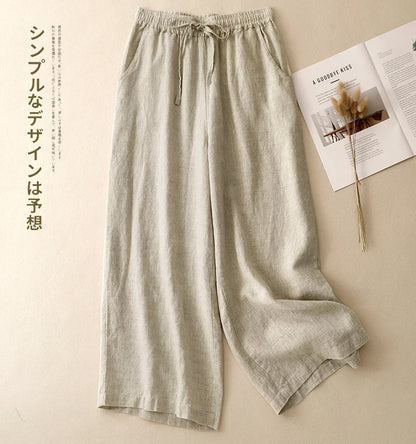 "Hikari" Pantalon large femme en coton et lin | Taille haute fluide, simple et élégant