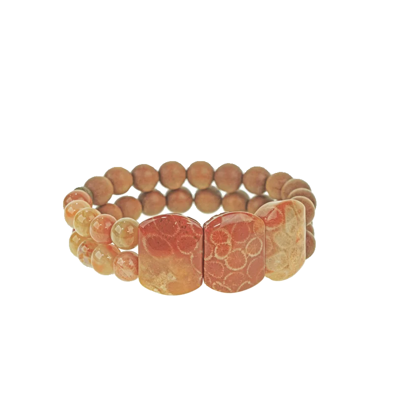 Bracelet Bois de Santal et Pierre Corail avec Perles de Laiton – Bijou Oriental