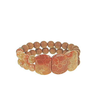 Bracelet Bois de Santal et Pierre Corail avec Perles de Laiton – Bijou Oriental