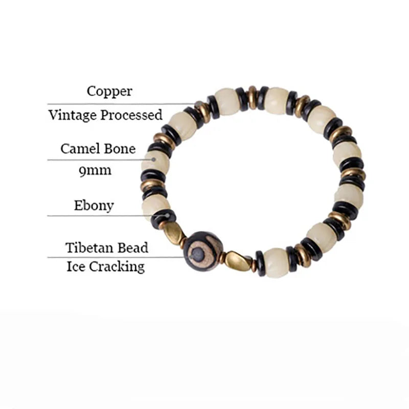 Bracelet de Prière Os Blanc Gravé et Intercalaires en Ébène – Œil Tibétain Protecteur