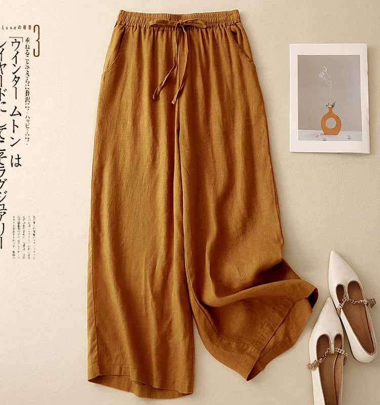 "Hikari" Pantalon large femme en coton et lin | Taille haute fluide, simple et élégant