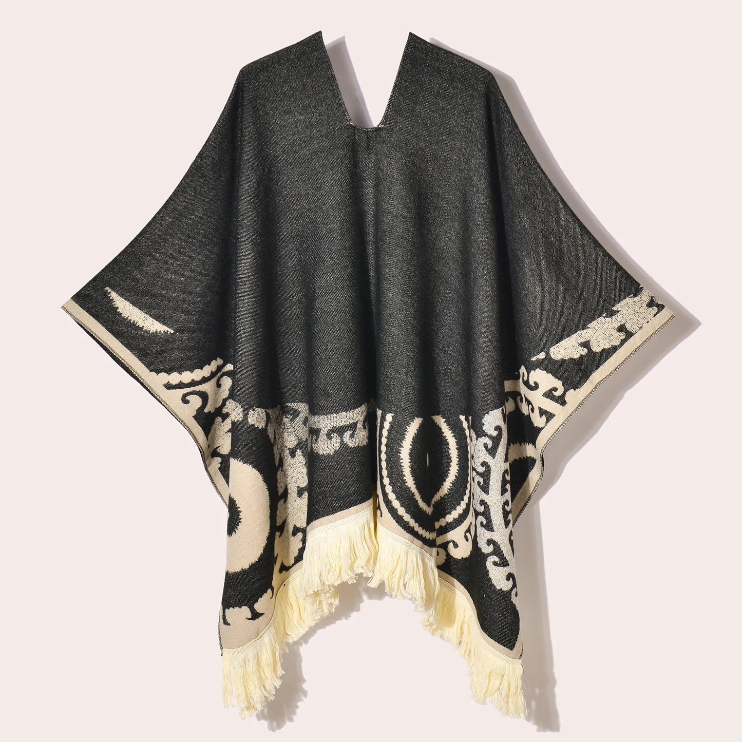 Poncho Ethnique à Franges - Style Bohème & Jacquard