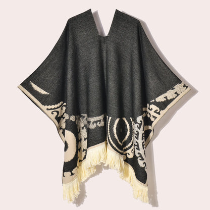 Poncho Ethnique à Franges - Style Bohème & Jacquard