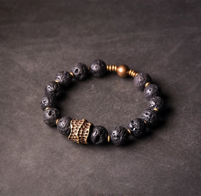 Bracelet Homme Pierre de Lave Volcanique et Laiton Vintage – Diffuseur d'Huiles, Jusqu'au 22 cm