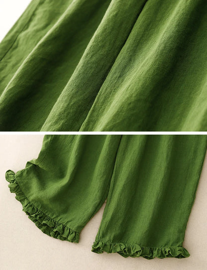 "Midori" Pantalon femme en coton et lin | Taille haute large, ourlet volant chic et léger