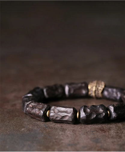 Bracelet Ébène Sculptée Rétro et Breloque Vajra en Laiton – Bois Noir Véritable