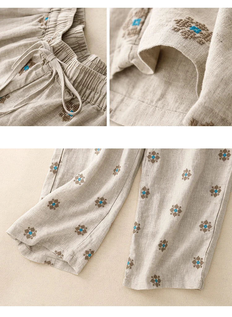 "Hanami" Pantalon femme en coton et lin imprimé | Taille haute, cordon ajustable, style décontracté été