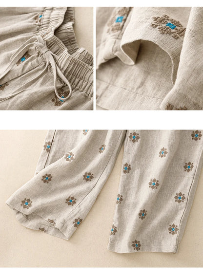 "Hanami" Pantalon femme en coton et lin imprimé | Taille haute, cordon ajustable, style décontracté été