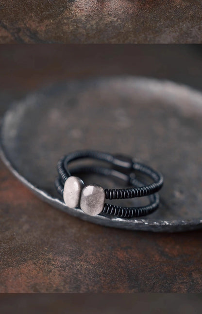 Bracelet Double Rang Obsidienne Noire et Bois d'Ébène – Tout Noir, Homme et Femme