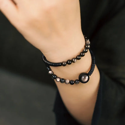 Bracelet Deux Rangs Pierres d'Obsidienne et Perles d'Ébène – Simple, Duo de Couple