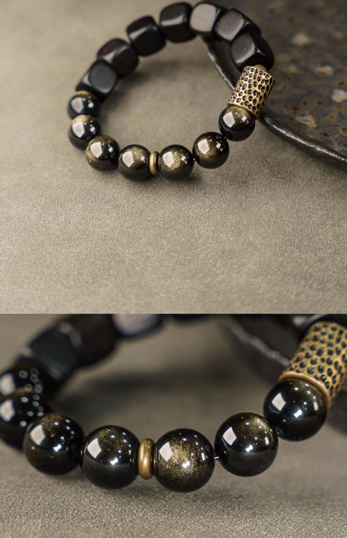 Bracelet Vintage Ébène et Obsidienne Dorée avec Accents de Laiton – Fait Main Unisexe