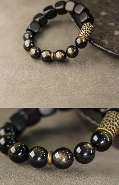 Bracelet Vintage Ébène et Obsidienne Dorée avec Accents de Laiton – Fait Main Unisexe