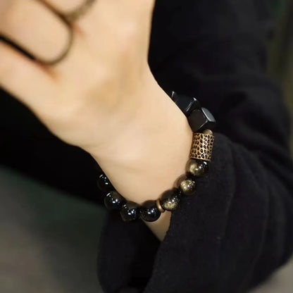 Bracelet Vintage Ébène et Obsidienne Dorée avec Accents de Laiton – Fait Main Unisexe