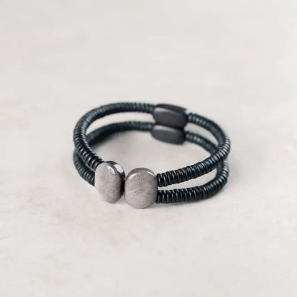 Bracelet Double Rang Obsidienne Noire et Bois d'Ébène – Tout Noir, Homme et Femme