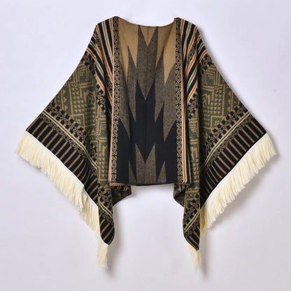 Poncho Ethnique à Franges - Style Bohème & Jacquard