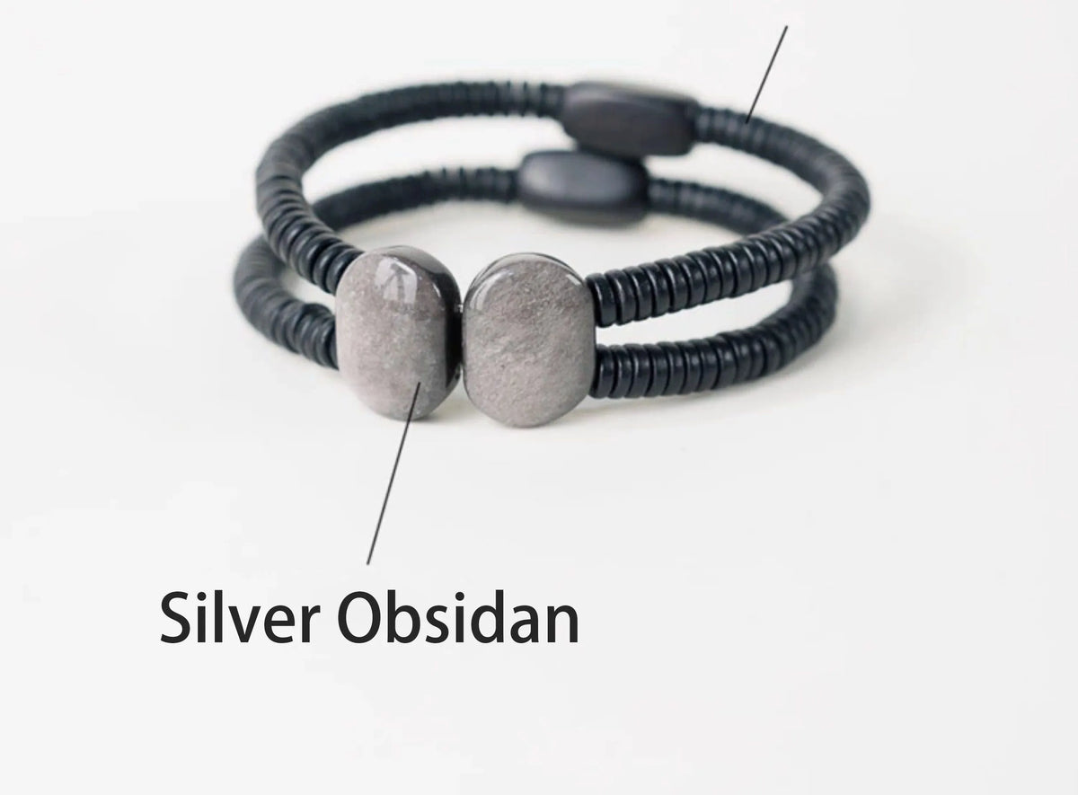 Bracelet Double Rang Obsidienne Noire et Bois d'Ébène – Tout Noir, Homme et Femme