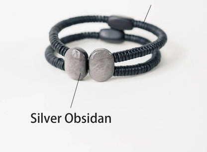 Bracelet Double Rang Obsidienne Noire et Bois d'Ébène – Tout Noir, Homme et Femme