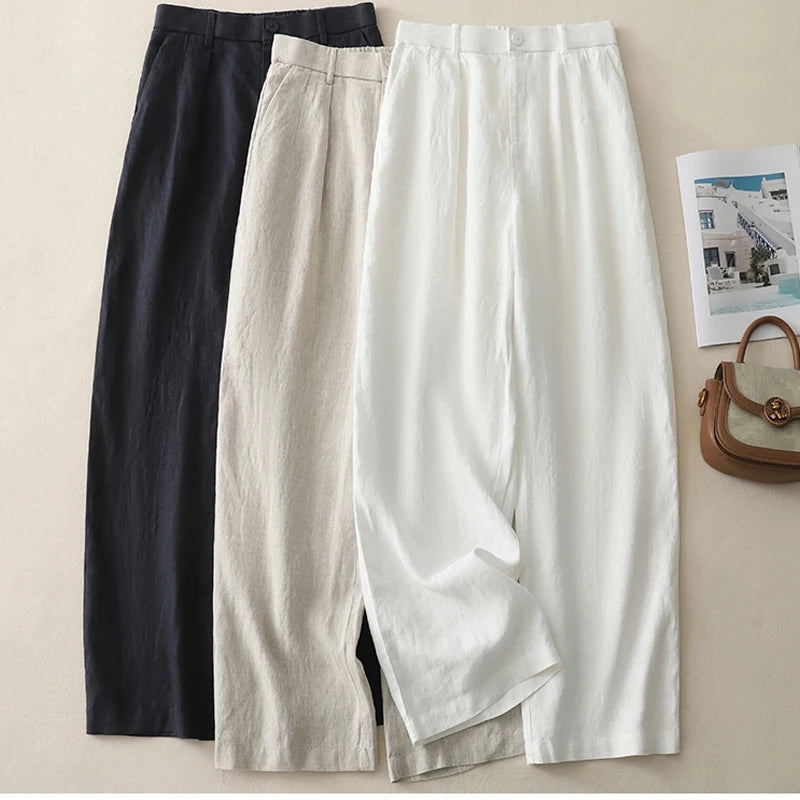 "Shizuka" Pantalon femme en lin et coton | Taille haute droite, style simple et élégant