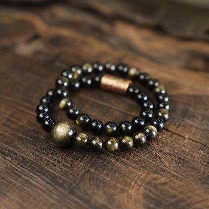 Bracelet Double Rang Obsidienne Dorée et Perles de Cuivre – Fait Main, Unisexe