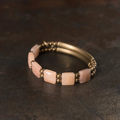 Bracelet Double Rang Quartz Rose Carré et Laiton Vintage – Cadeau pour Femme