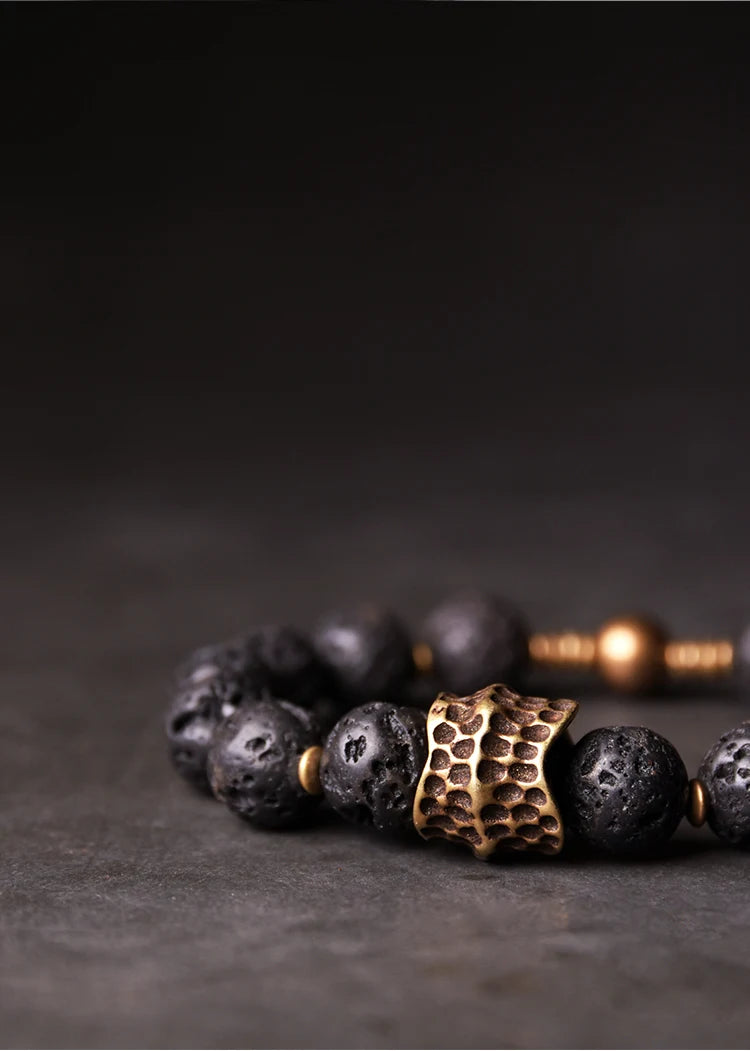 Bracelet Homme Pierre de Lave Volcanique et Laiton Vintage – Diffuseur d'Huiles, Jusqu'au 22 cm