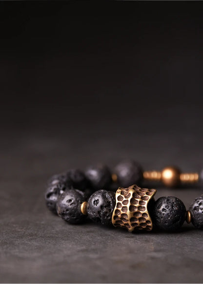 Bracelet Homme Pierre de Lave Volcanique et Laiton Vintage – Diffuseur d'Huiles, Jusqu'au 22 cm
