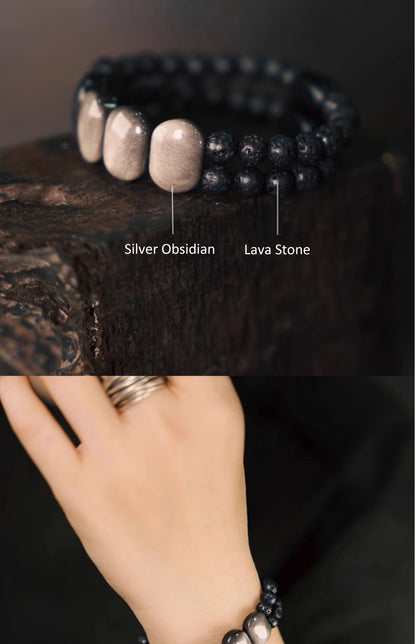 Bracelet Deux Rangs Obsidienne Plate, Pierre de Lave et Ébène – Style Punk Unisexe