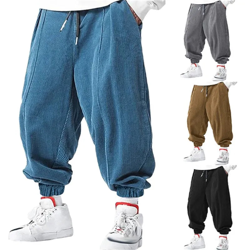 Pantalon large en velours côtelé bleu ciel pour homme avec cordon de serrage et chevilles élastiques