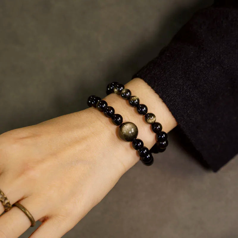 Bracelet Double Rang Obsidienne Dorée et Perles de Cuivre – Fait Main, Unisexe