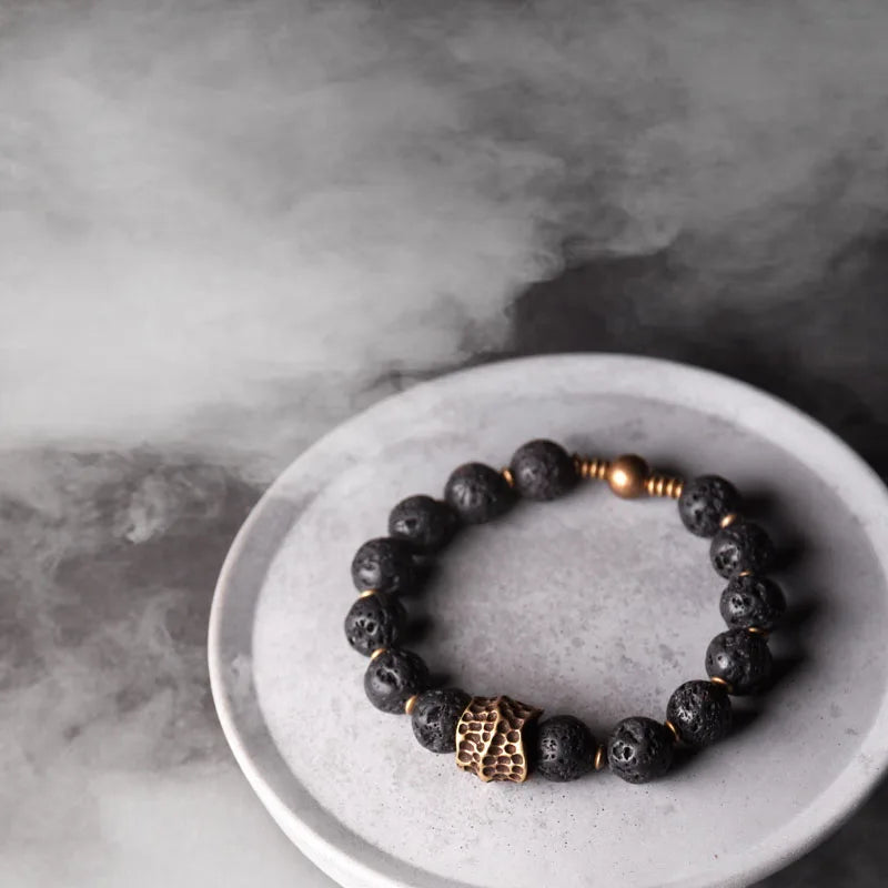 Bracelet Homme Pierre de Lave Volcanique et Laiton Vintage – Diffuseur d'Huiles, Jusqu'au 22 cm