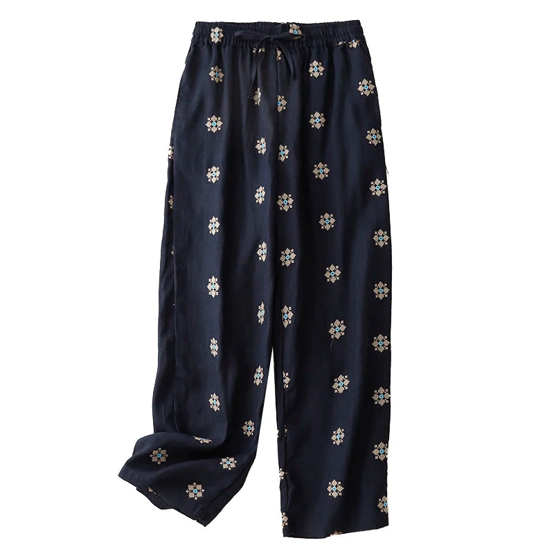 "Hanami" Pantalon femme en coton et lin imprimé | Taille haute, cordon ajustable, style décontracté été